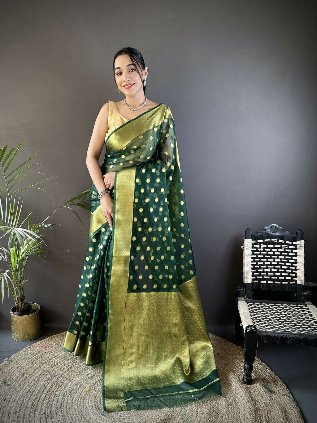 Joban Fashion Green Polka-Dot Zari Woven Organza Silk Banarasi Silk Saree
