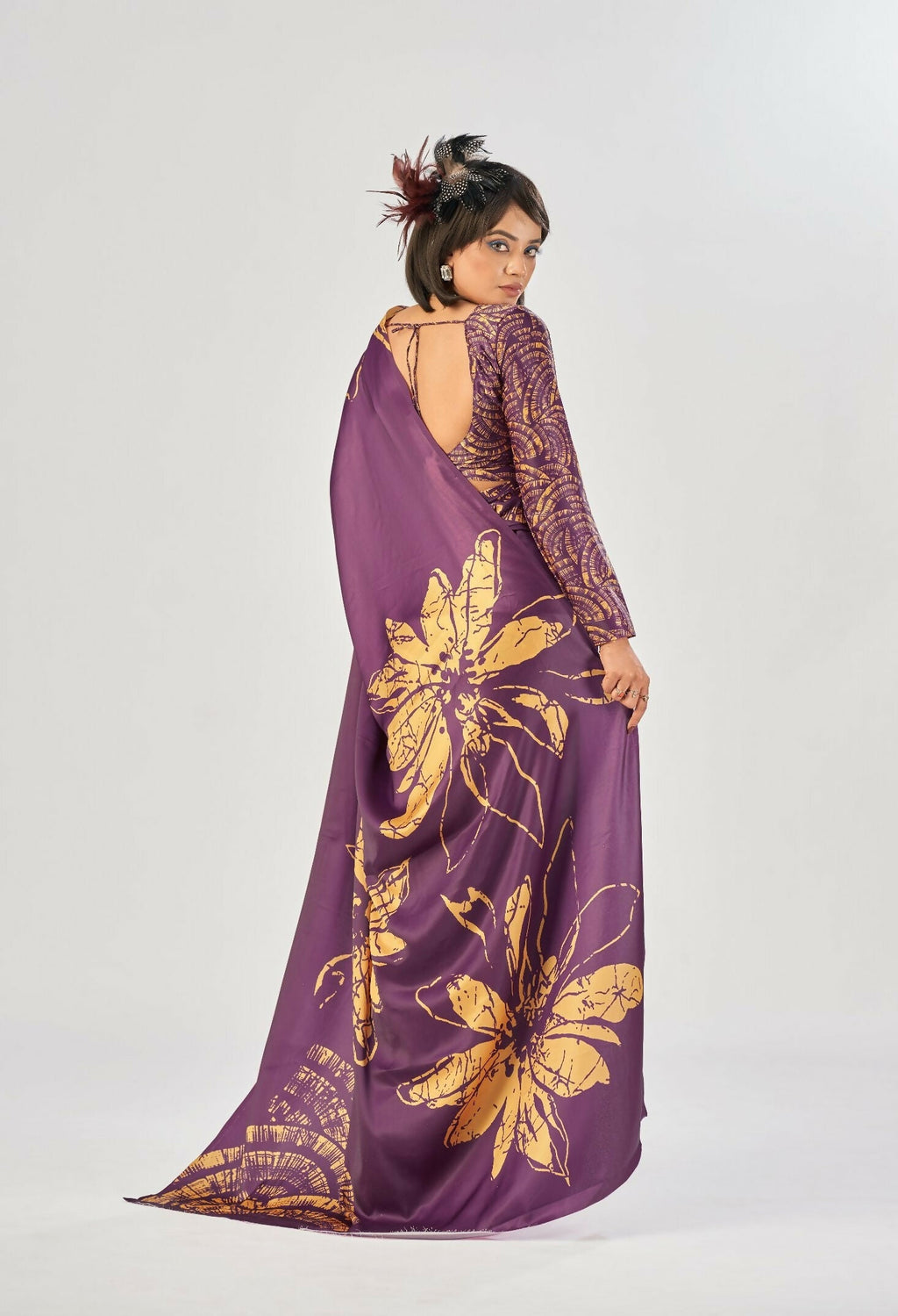 Vastranavya Wine Satin Silk Elegant Printed Saree with Unstitched Blouse