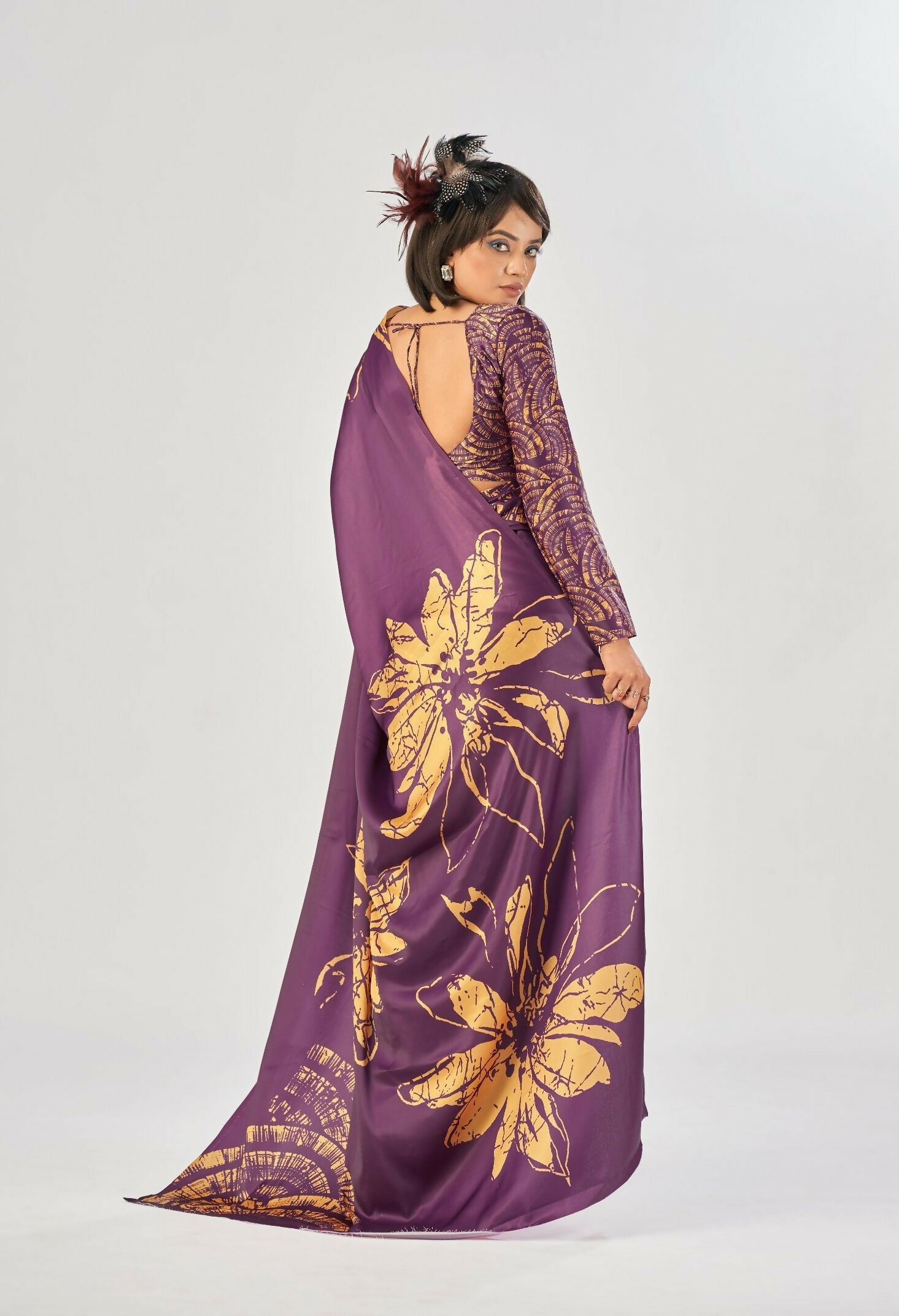 Vastranavya Wine Satin Silk Elegant Printed Saree with Unstitched Blouse