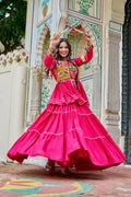 Teeya Creation Womens New Stylish Heavy Gamthi Work With Mirror Lace Work Pink Gown Set