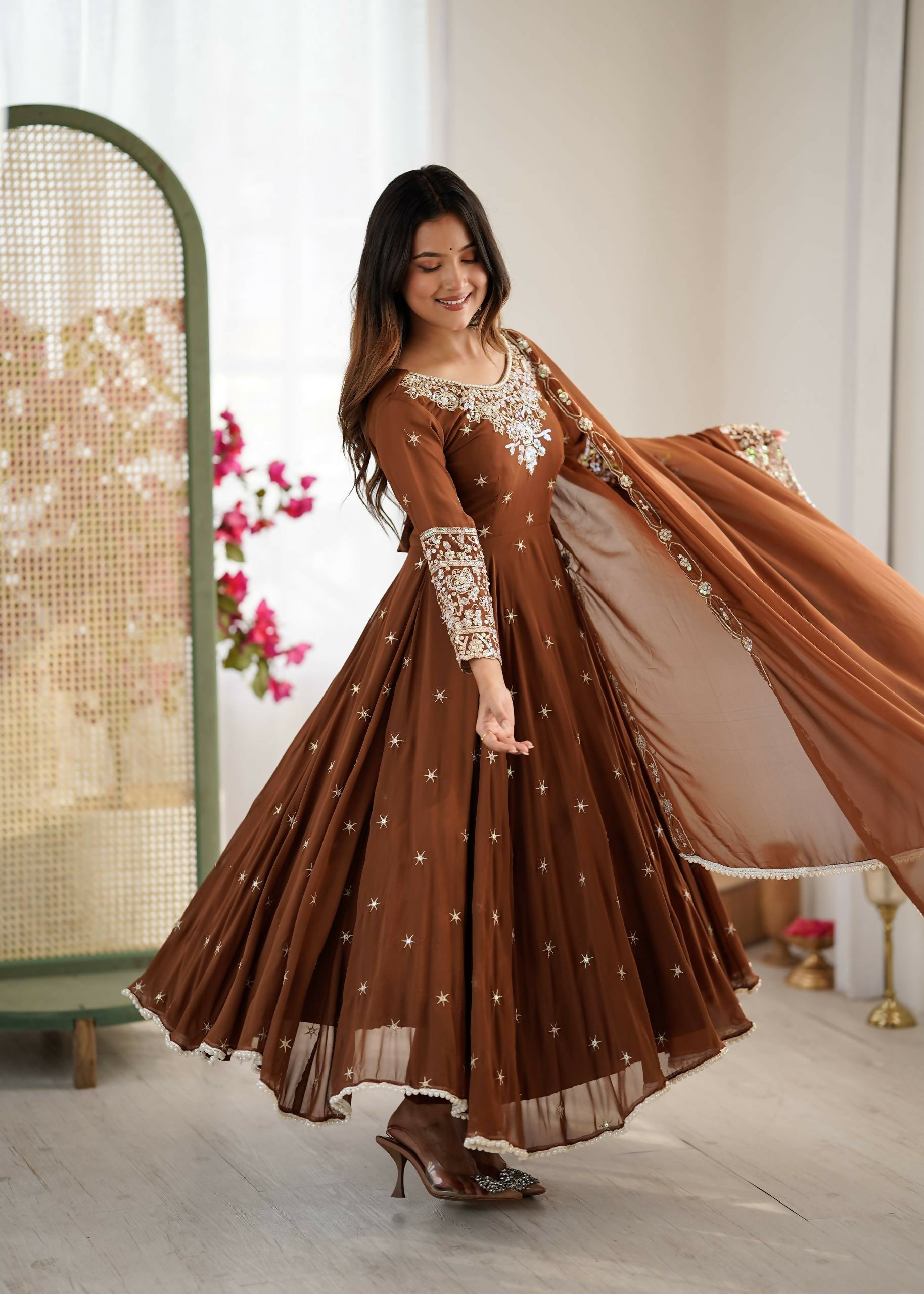 Teeya Creation Browm Color Faux georgette Embroidery Work Wedding Wear Gown