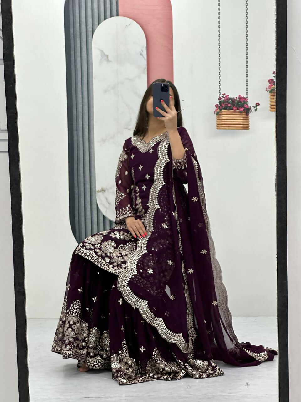 Teeya Creation Womens New Heavy Fox Georgette Fabric With Heavy Embroidery Work Wine Kurta Set