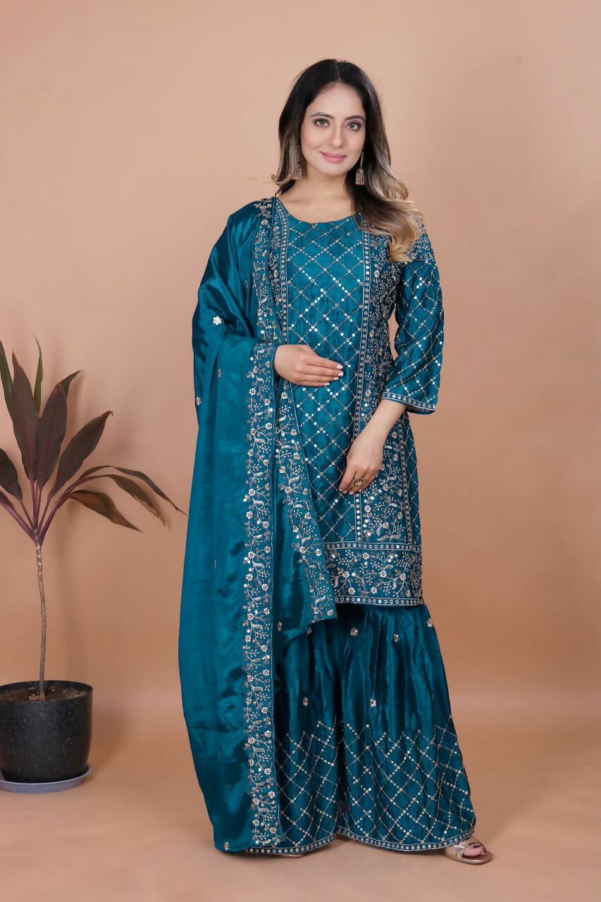 Teeya Creation Teal Color Chinon Silk Embroidery Work Sharara Set