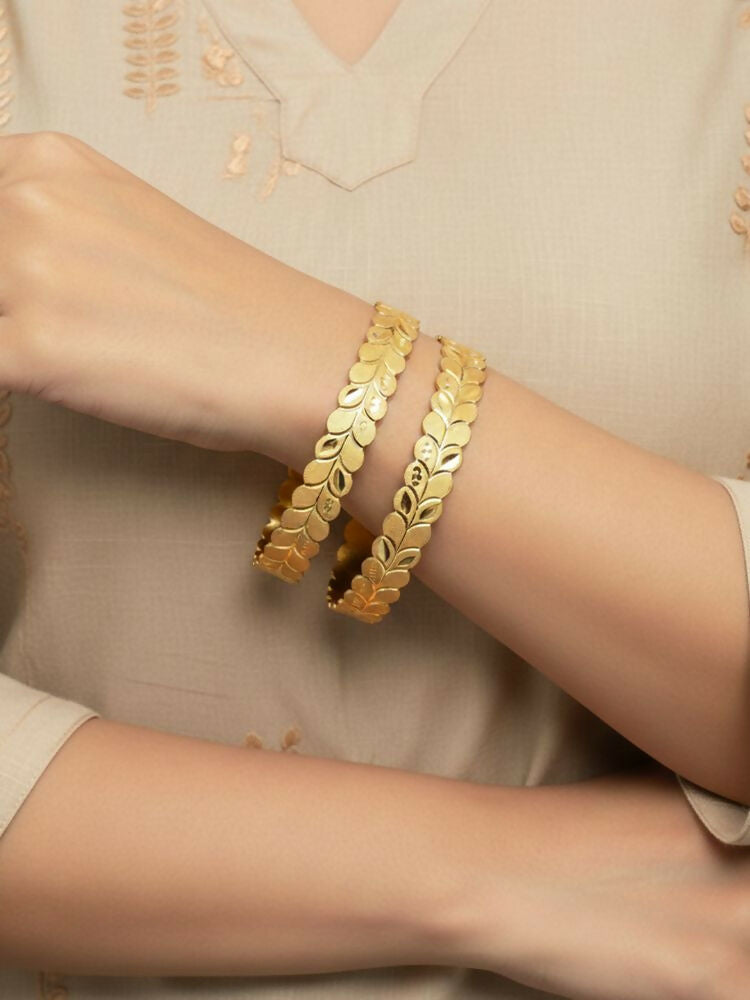 NVR Women Set of 2 Leaf Design Gold Plated Kada Bangle