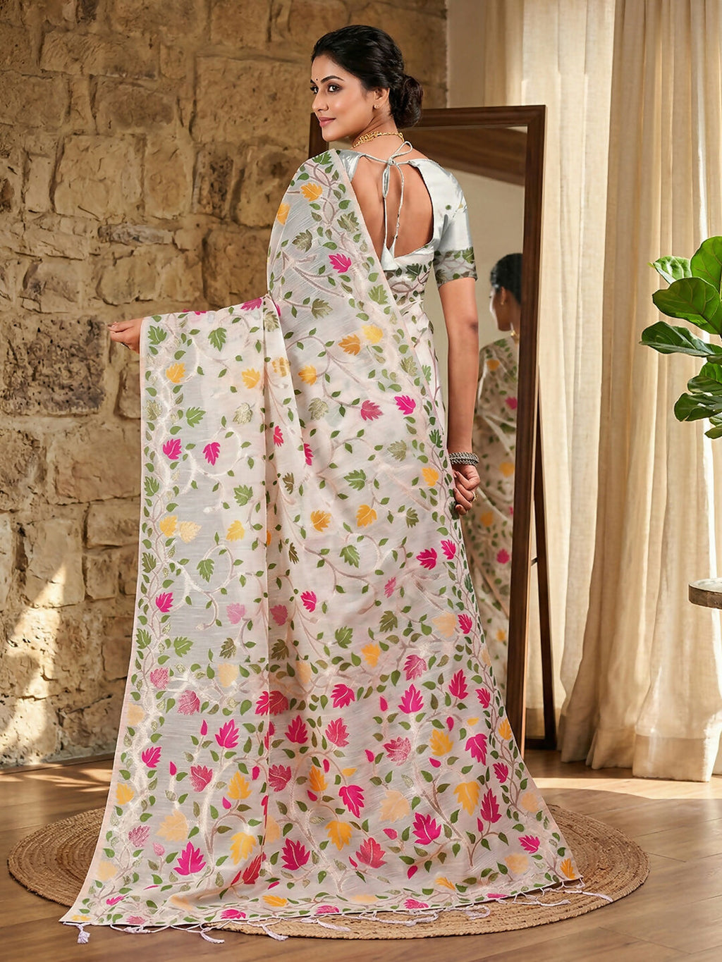 Shree Shyam Fashion White Linen Cotton Saree