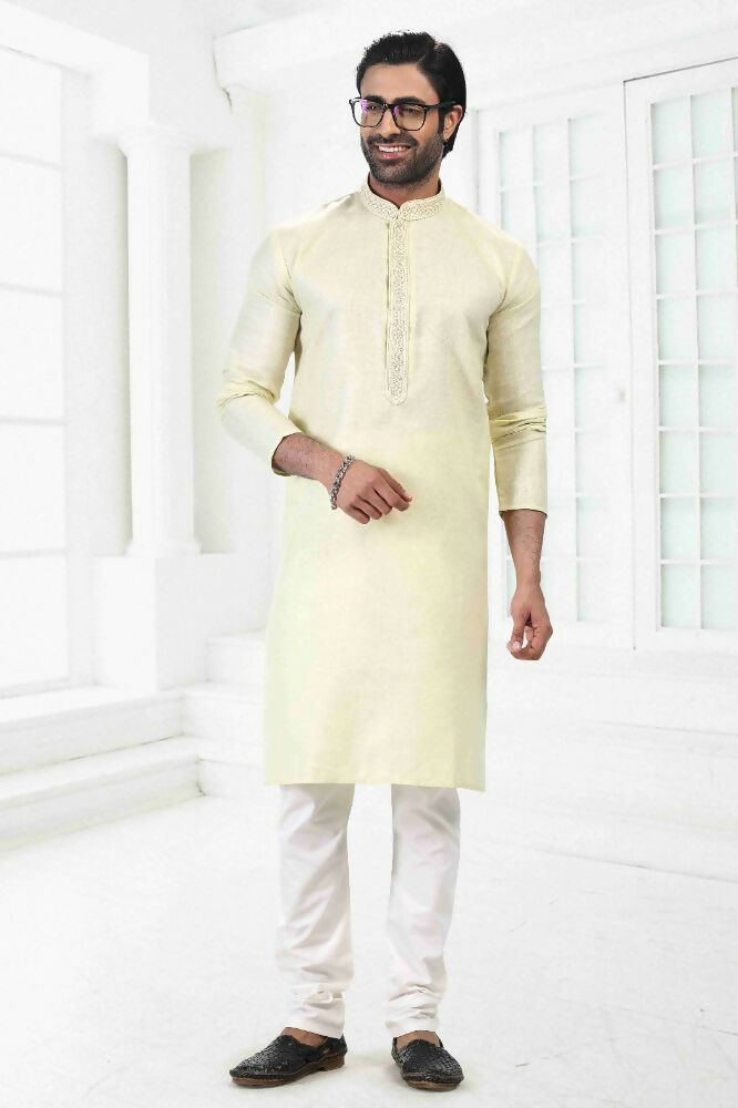 Raivat Ethnic Linen Cotton Thread Work Kurta Pajama In Pista Green Colour