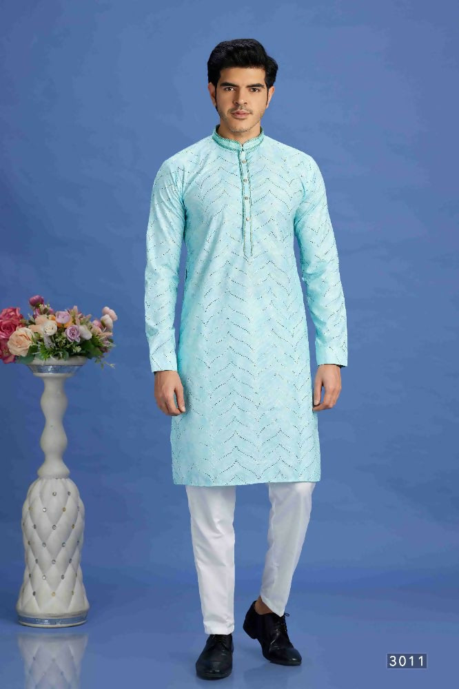 Raivat Ethnic Cotton Embroidery Kurta Pajama In Sky Blue Colour