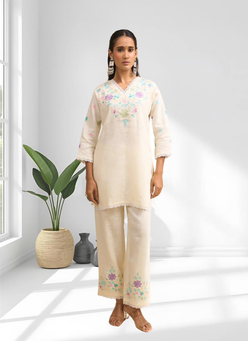 Joban Fashion Cream Linen Embroidered Readymade Cord Set