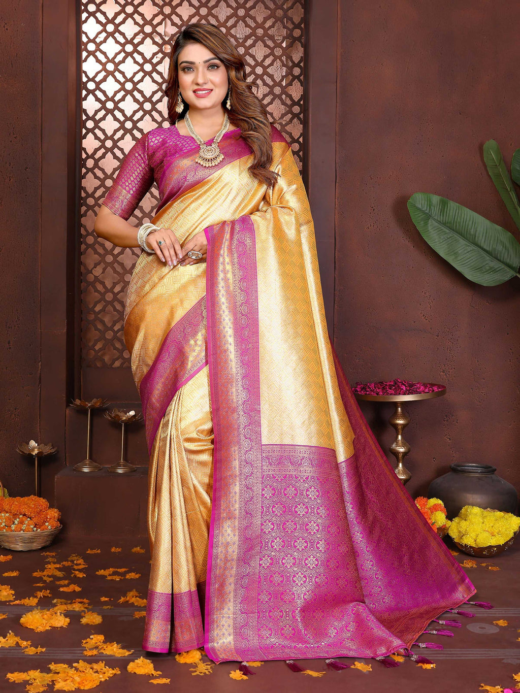 Aastha Fashion Cream Tissue Silk Woven Saree