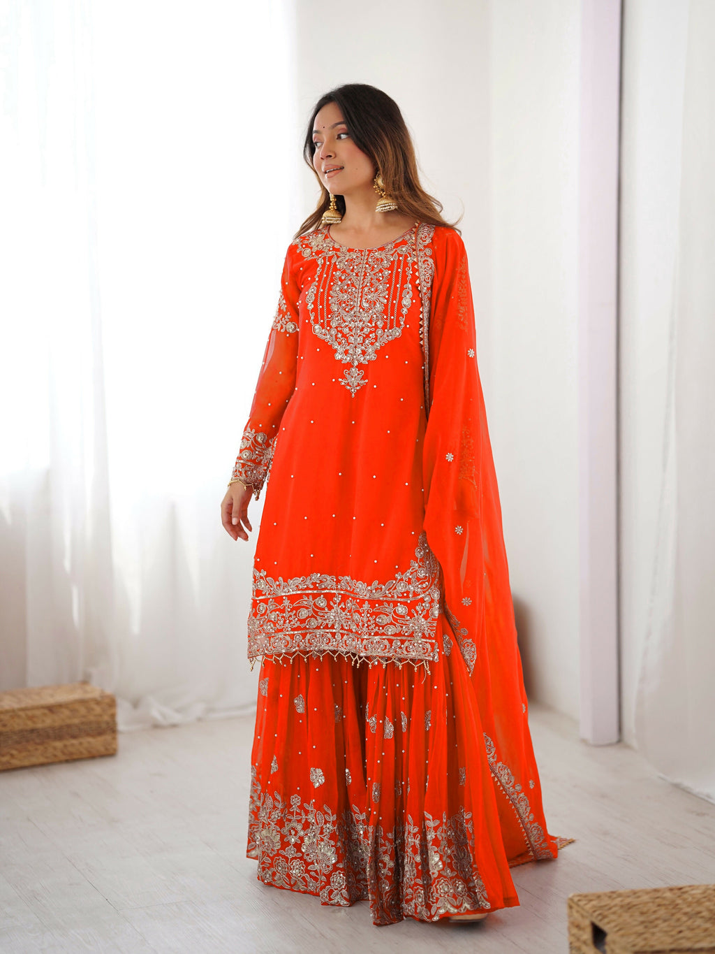 Lehenga Mart Designer Sharara Suit With Kurta, Sharara, Dupatta For Women-Orange
