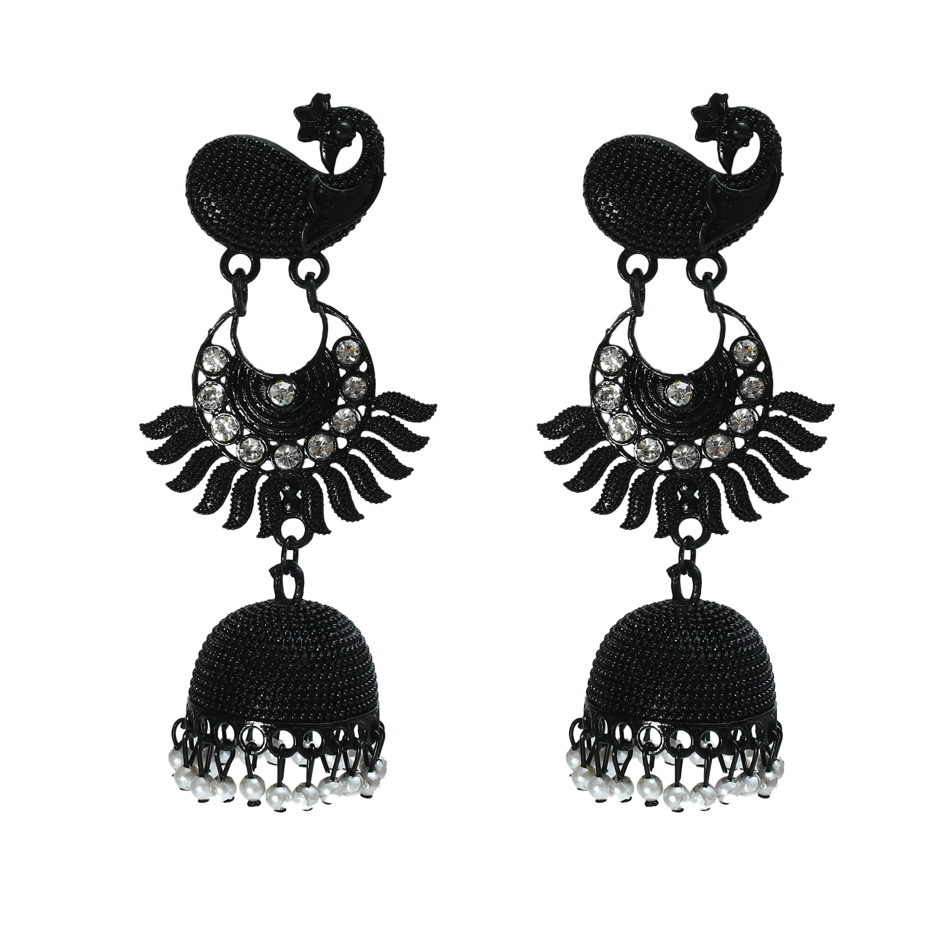 Mominos Fashion Johar Kamal Black Color Peacock Earrings Jhumka