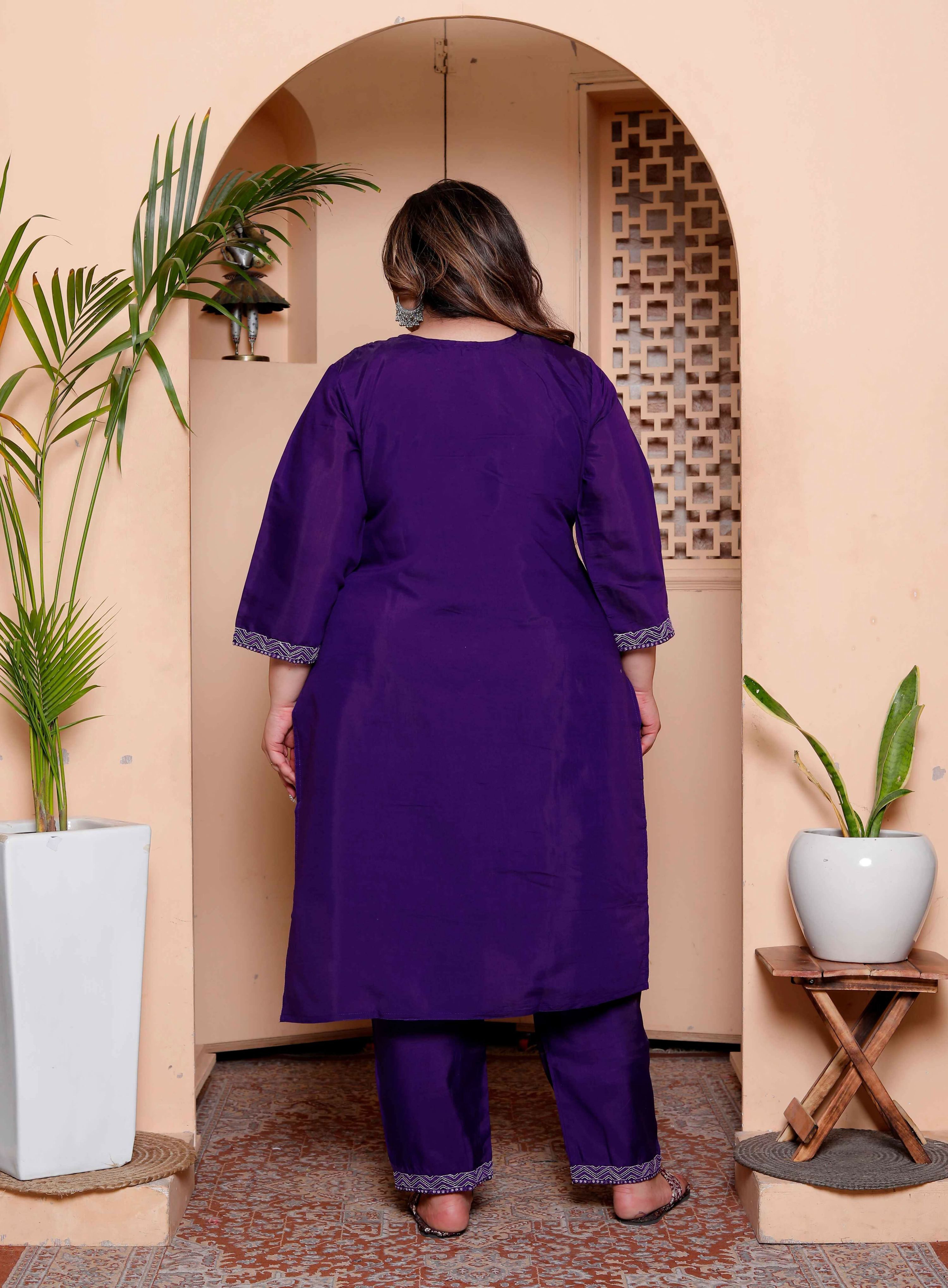 Miravan Women's Plus Size Purple Muslin Straight kurta and palazzo with dupatta Suit set