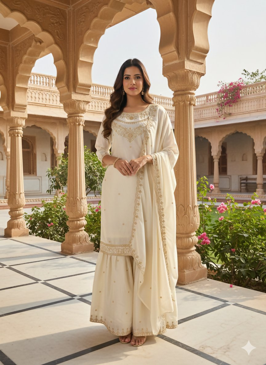 Teeya Creation Cream Color Fendy Satin Silk Heavy Embroidery Work Sharara Suit