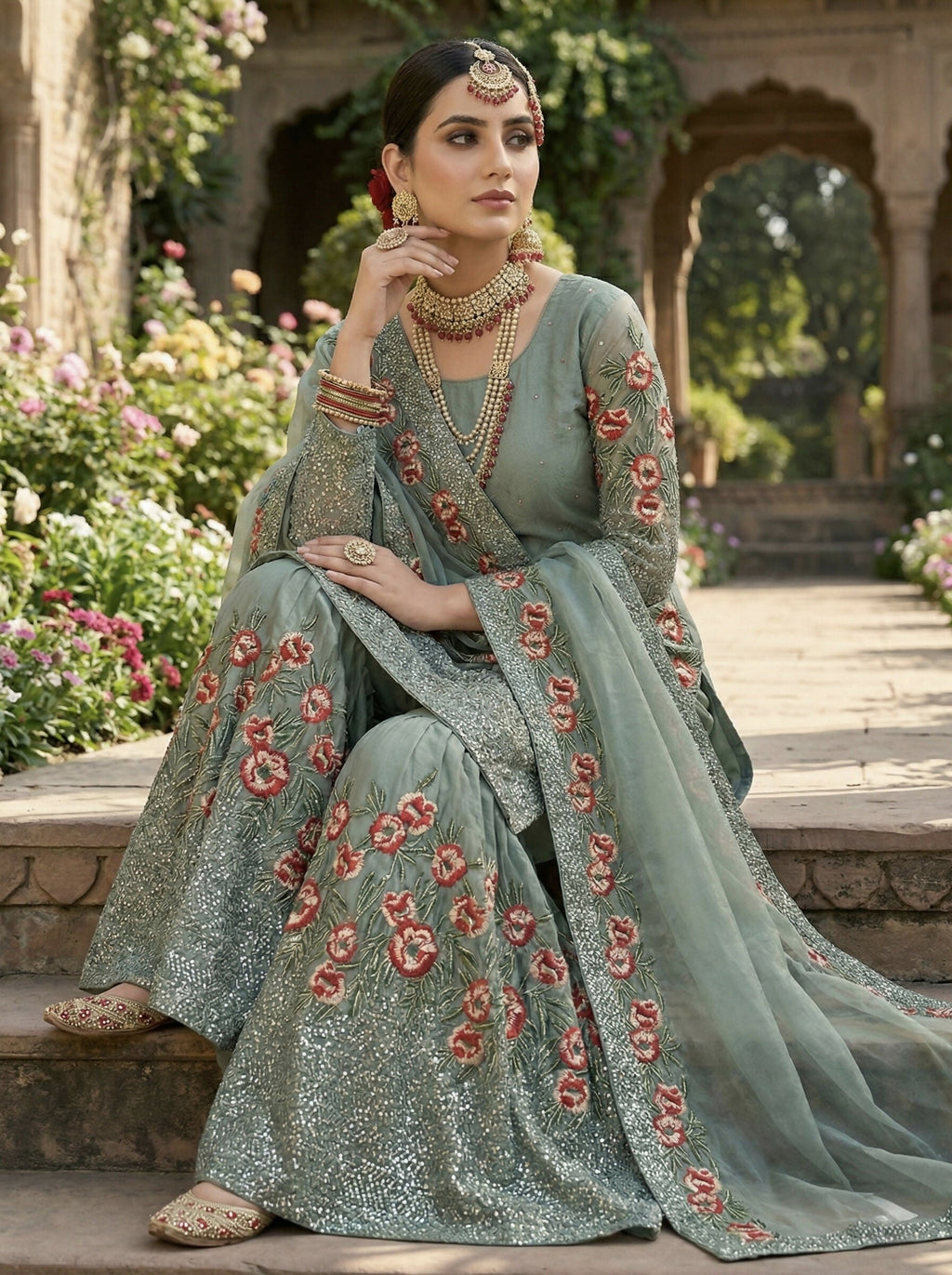 Teeya Creation Teal Fendy Silk Heavy Embroidery Work Party Wear Sharara Suit