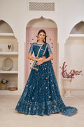 Aastha Fashion More Peach Butterfly Net All Over Thread Work, Zari Work And Sandwich Sequence Work Embroidery Wedding Wear Lehenga Choli