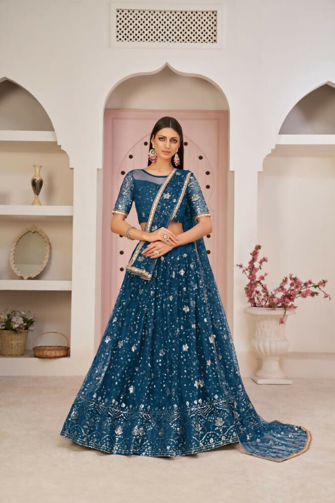 Aastha Fashion More Peach Butterfly Net All Over Thread Work, Zari Work And Sandwich Sequence Work Embroidery Wedding Wear Lehenga Choli
