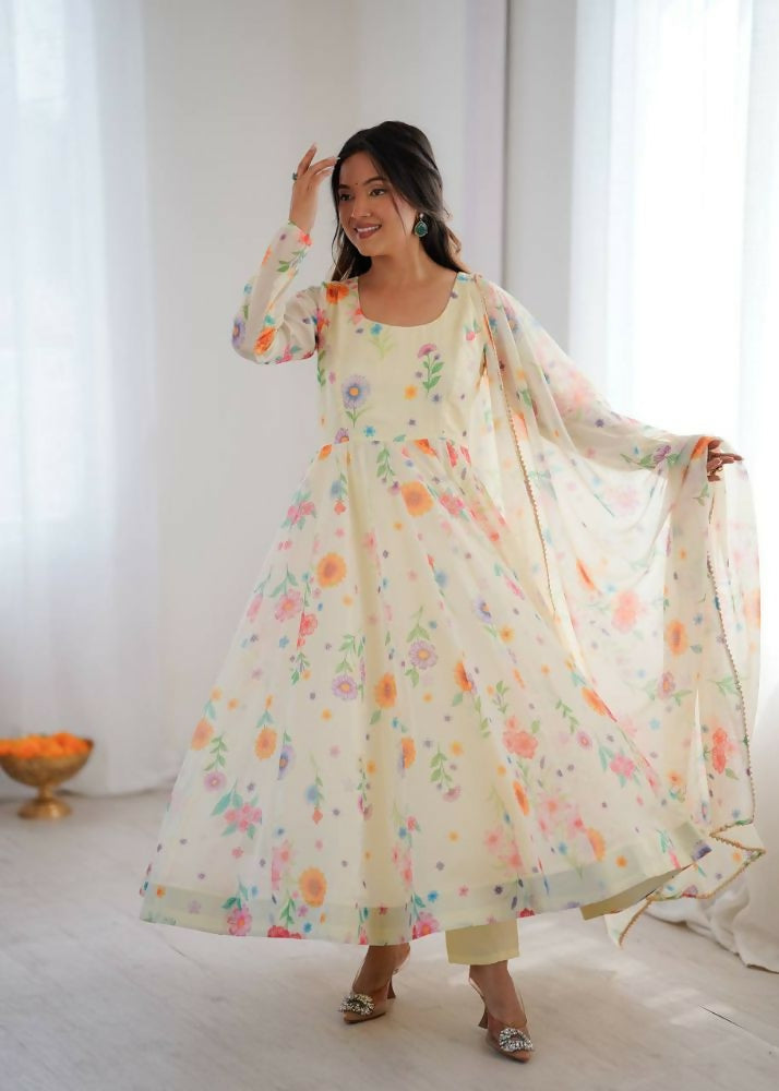 Teeya Creation Off White Soft Organza Digital Printed Party Wear Long Gown