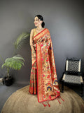 Joban Fashion Crimson Red Intricate Floral & Leaf Soft Silk Paithani Saree