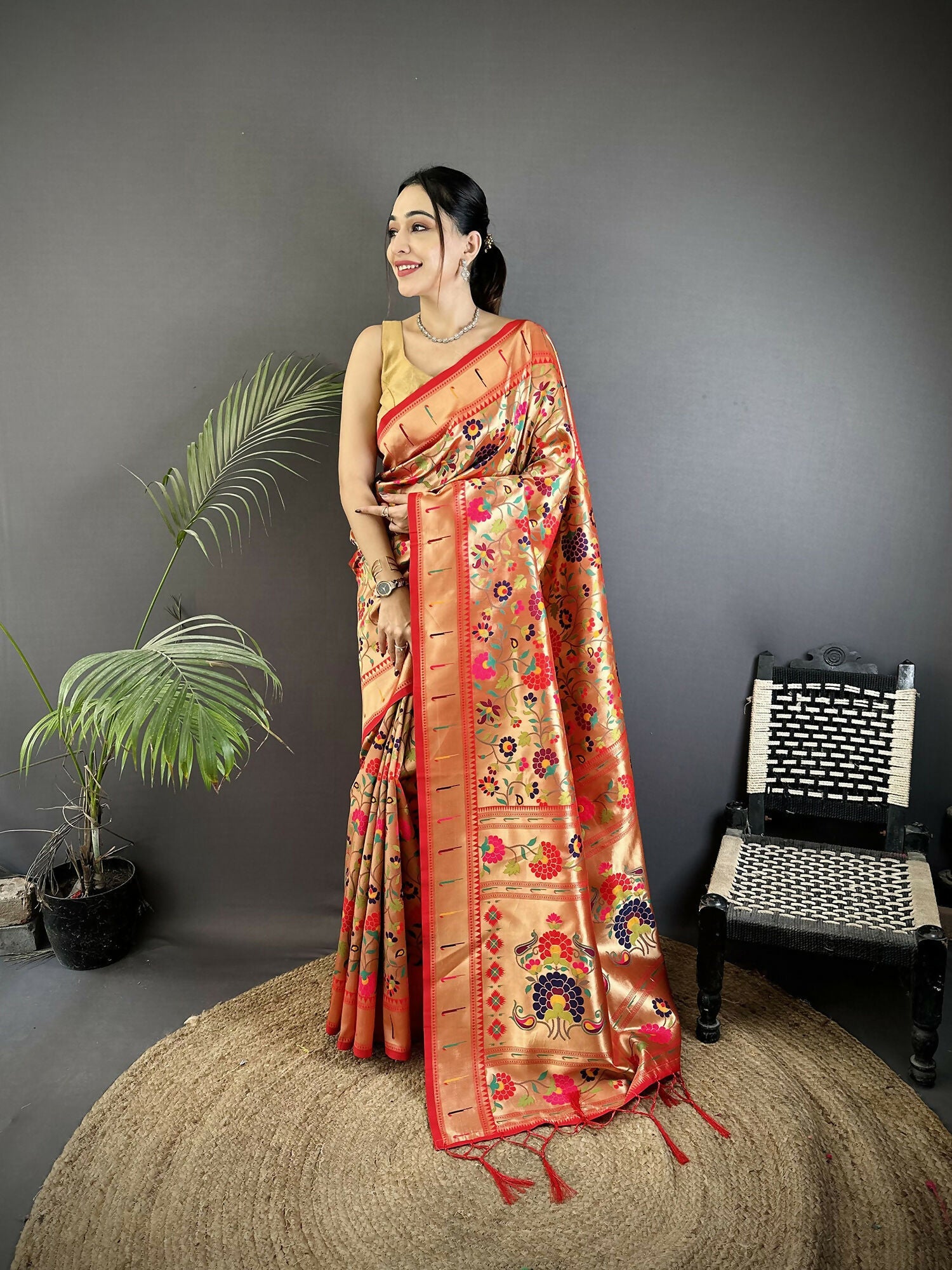 Joban Fashion Crimson Red Intricate Floral & Leaf Soft Silk Paithani Saree