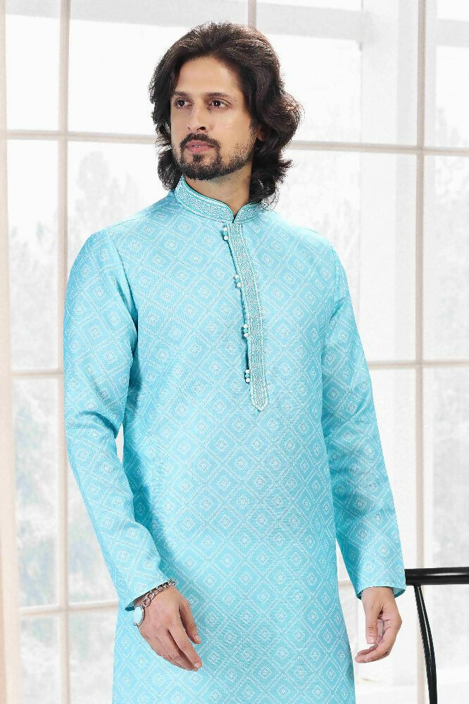 Raivat Ethnic Cotton Thread Work Kurta Pajama In Sky Blue Colour