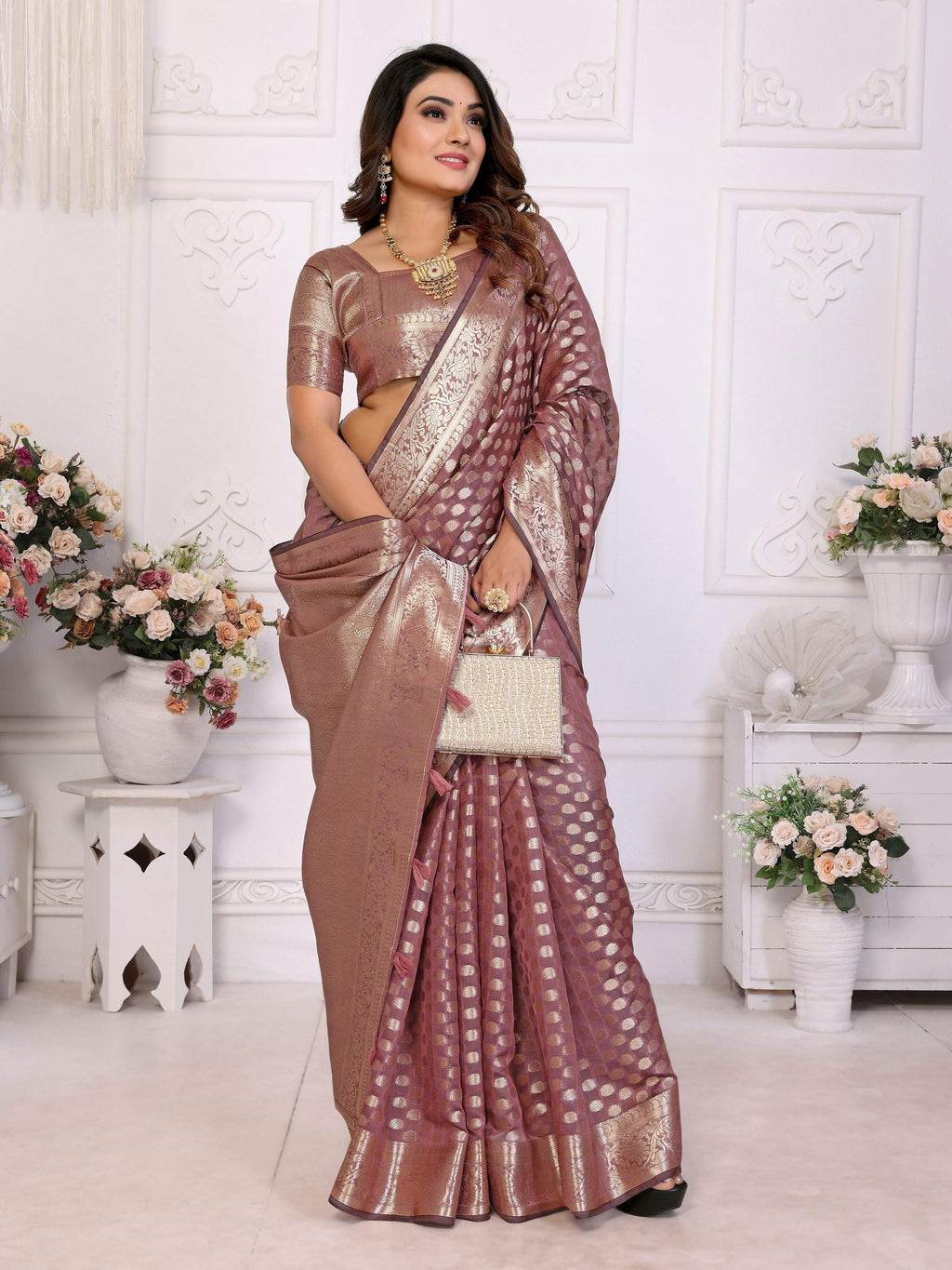 Aastha Fashion Dusty Rose Organza Silk Weaving Saree