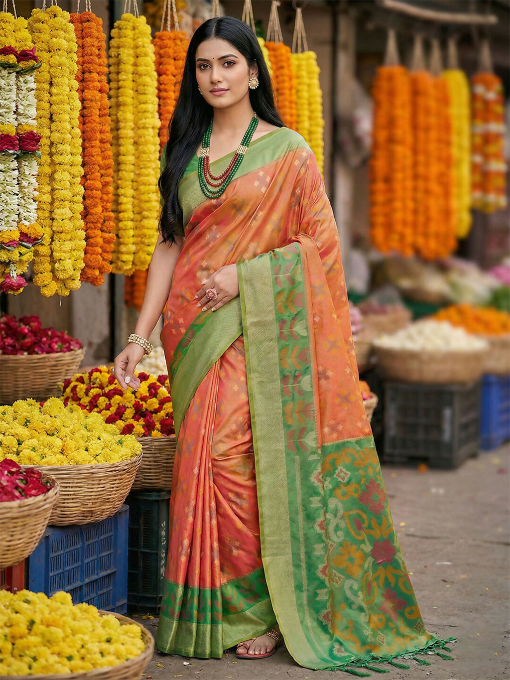 Shree Shyam Fashion Orange Pochampally Silk Saree