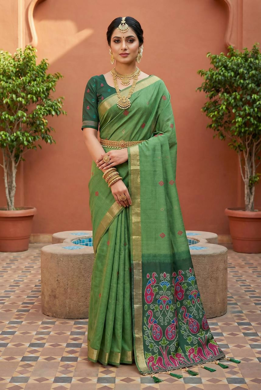 Vastranavya Pista Muga Cotton Meenakari & Azarakh Pallu Saree with Contrast Blouse