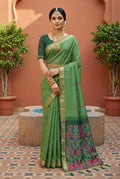 Vastranavya Pista Muga Cotton Meenakari & Azarakh Pallu Saree with Contrast Blouse
