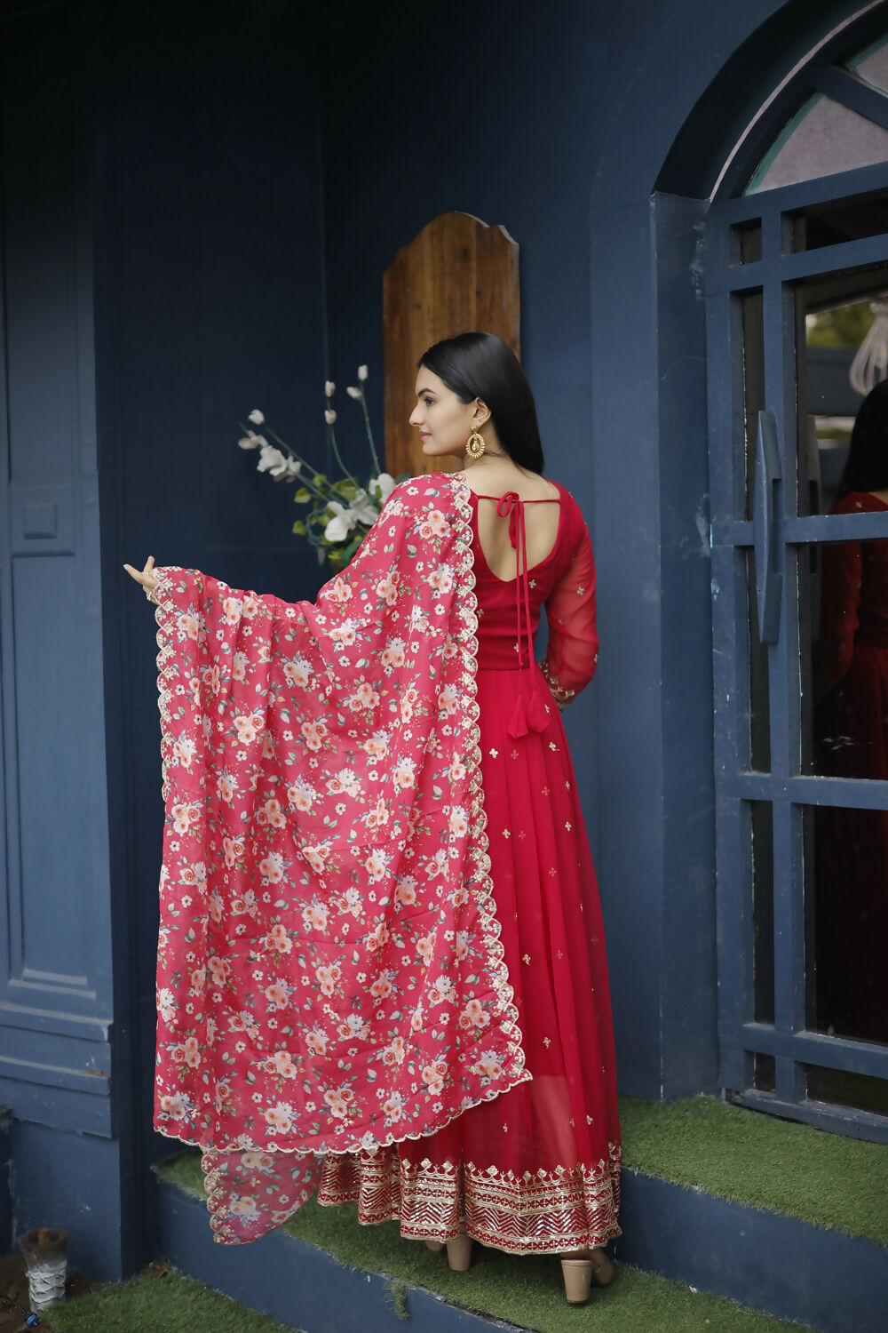 Aayaa Designer Embroidery Zari Sequins-Work Faux Blooming Georgette Suit - Red