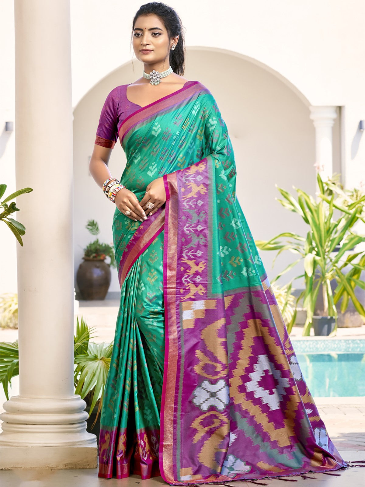 Anaita Sea Green Silk Saree With Blouse Piece