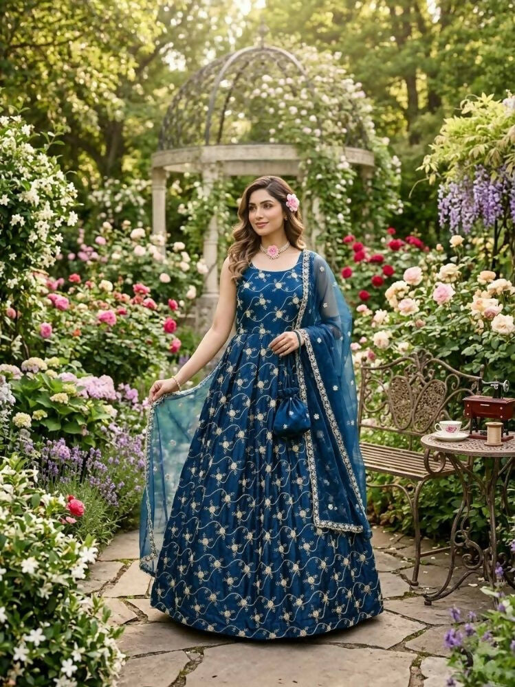 Teeya Creation Blue Color Fendy Silk Heavy Embroidery Work Wedding Wear Long Gown
