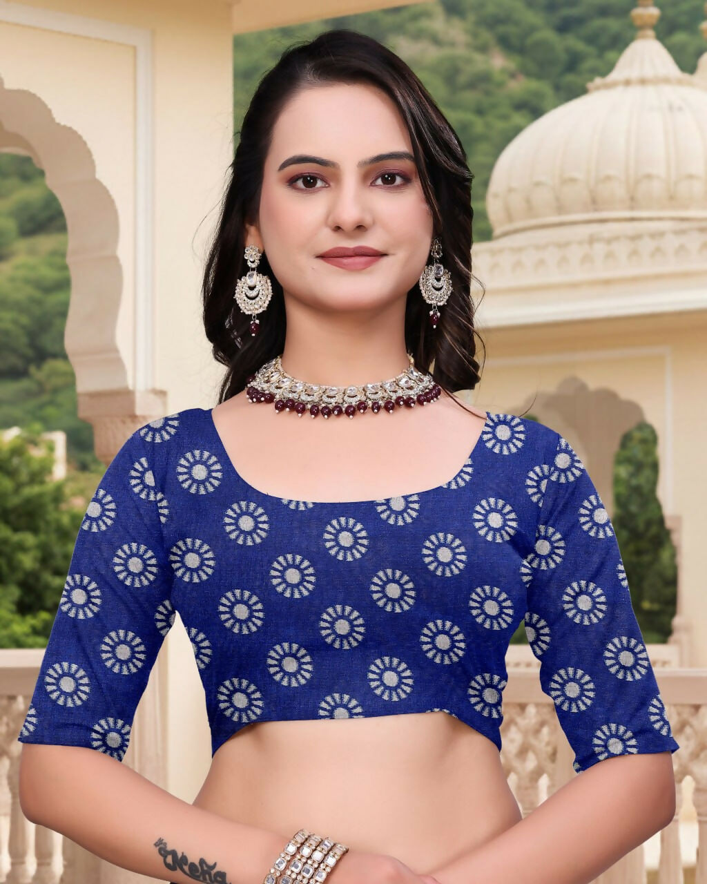 Prime Volt Women's Green & Blue Printed Mal Cotton Saree with Designer Blouse Piece