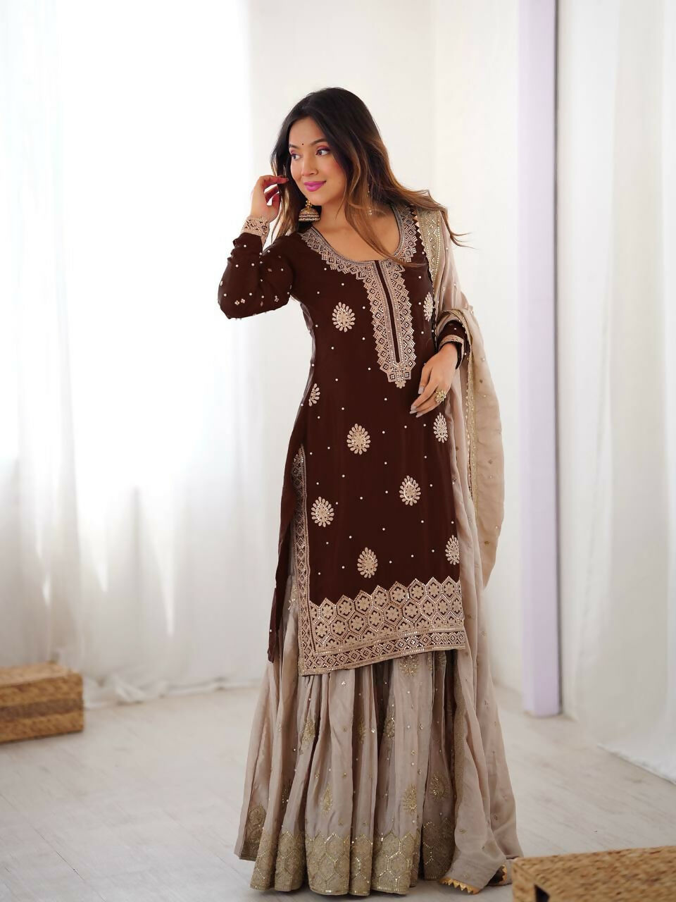 Lehenga Mart Designer Sharara Suit With Kurta, Sharara, Dupatta For Women-Brown