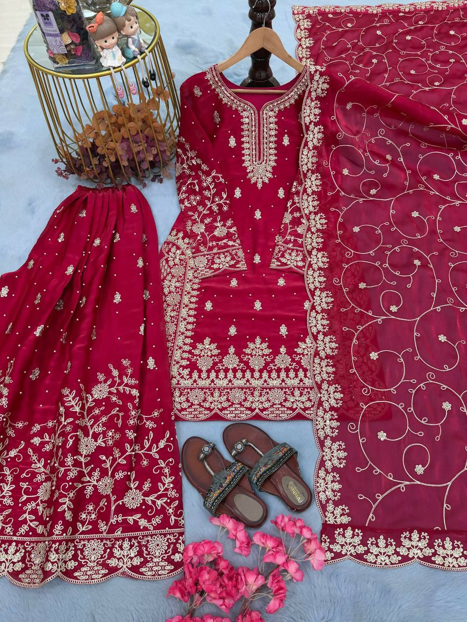 Teeya Creation Rani Pure Silk Gimmy Silk Heavy Embroidery Work Wedding Wear Palazzo Pair