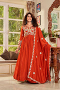 Teeya Creation Womens Casual Party Wear Heavy 5mm Sequence Embroidery Work Orange Gown Set