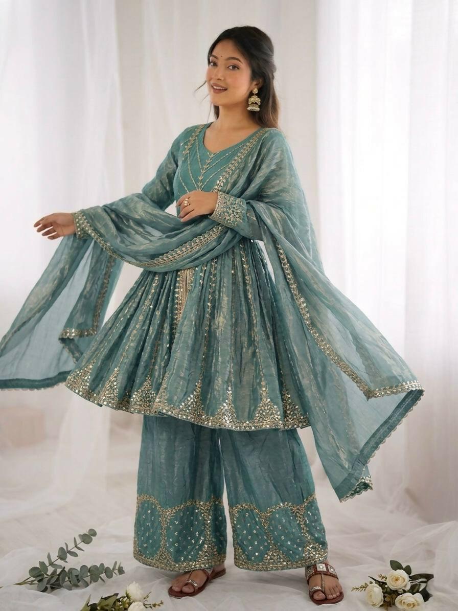 Teeya Creation New Womens Trendy Embroidery Sequence Work Teal Kurta Set