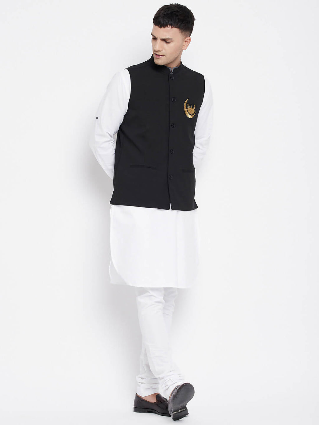 Even Apparels Black Pure Cotton Nehru Jacket With Eid Insignia NJ-PW668-CHA