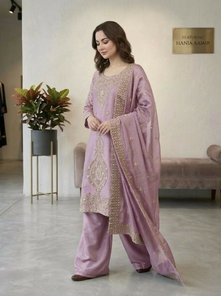 Teeya Creation Onion Color Gimmychu Silk Embroidery Work Wedding Wear Salwar Suit