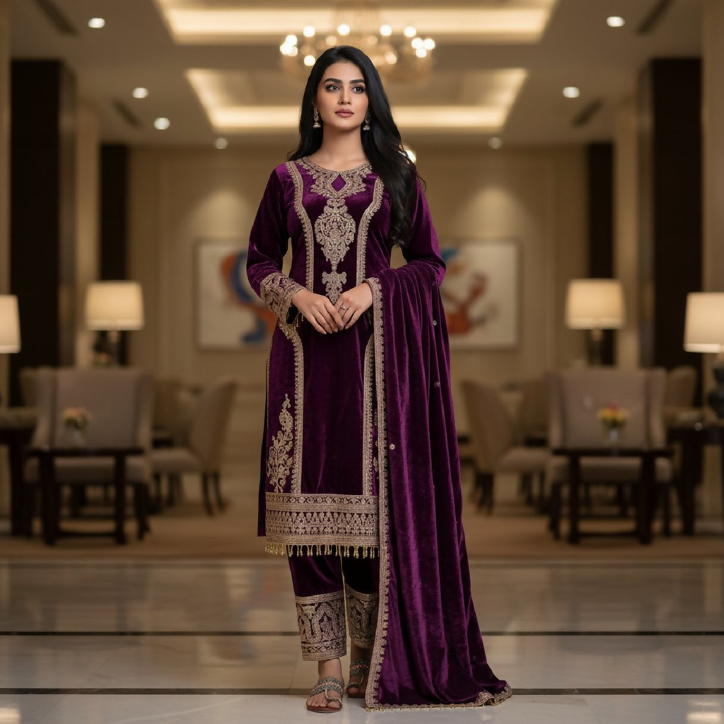 Joban Fashion Purple Kurta Set Velvet Embroidery Sequence Work