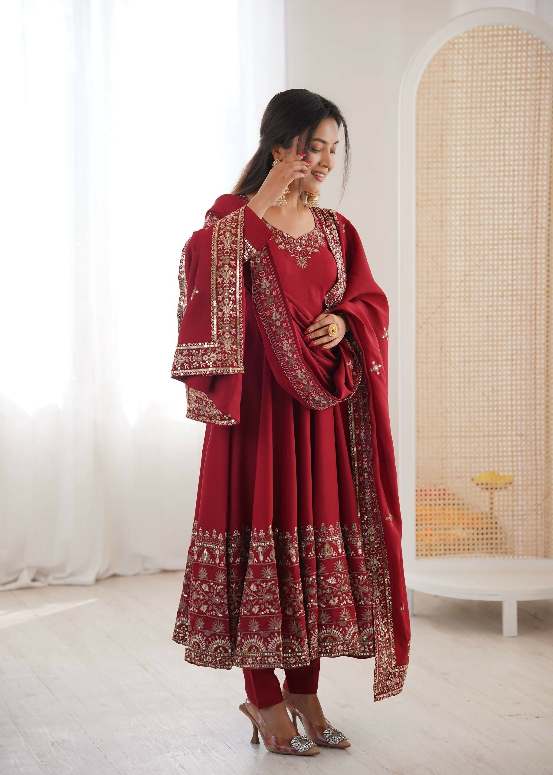 Teeya Creation Maroon Roman Silk Embroidery Work Party Wear Long Gown