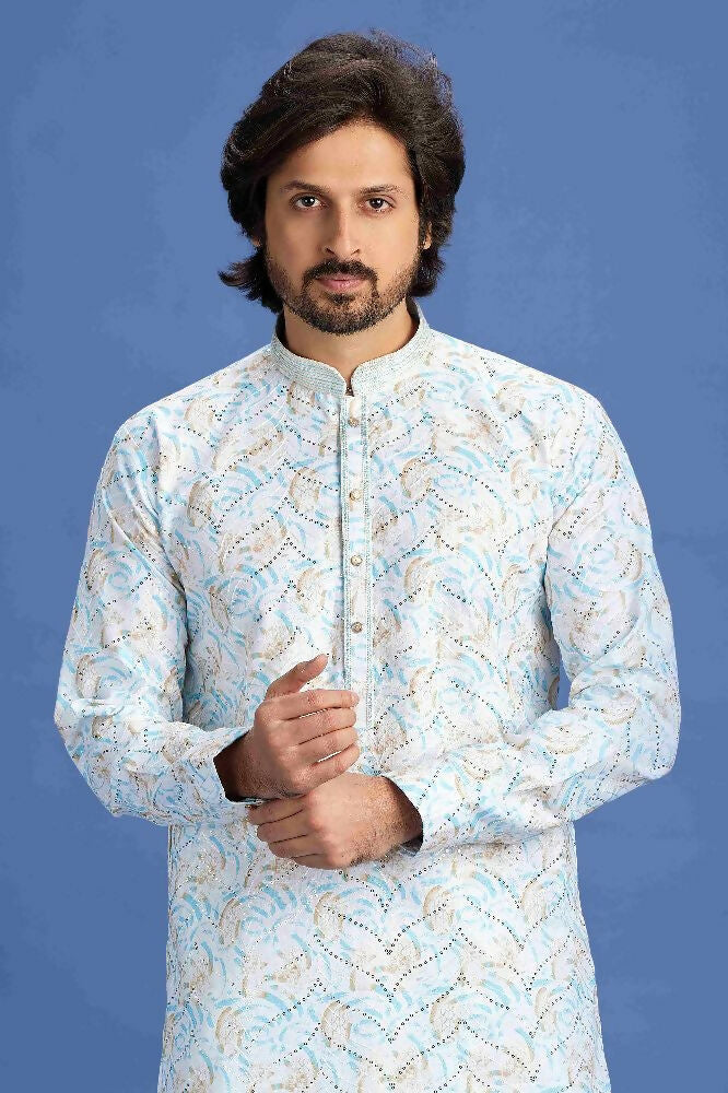 Raivat Ethnic Cotton Embroidery Kurta Pajama In Sky Blue Colour