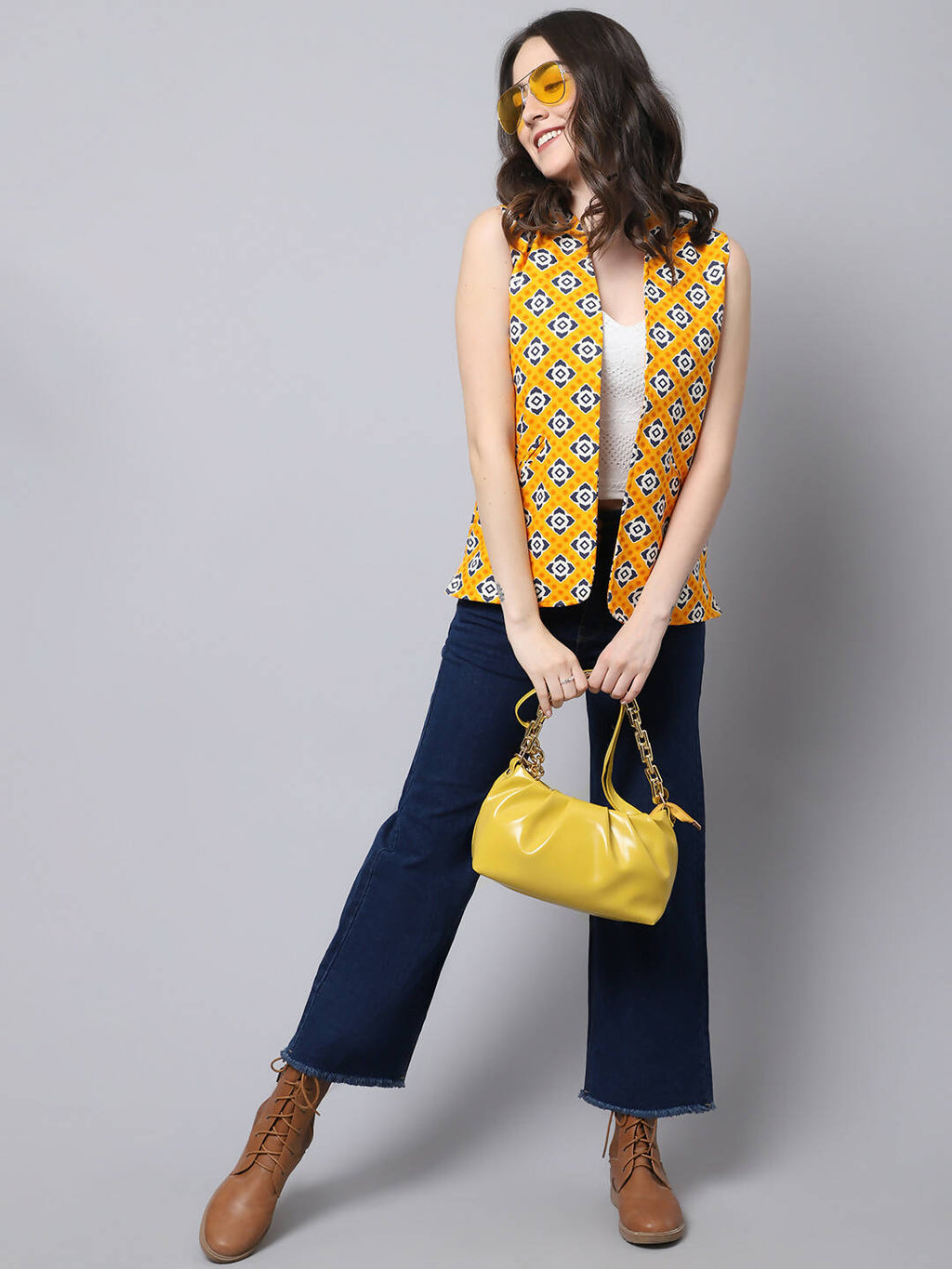 Even Apparels Yellow 100% Viscose Rayon Open Front Gillet