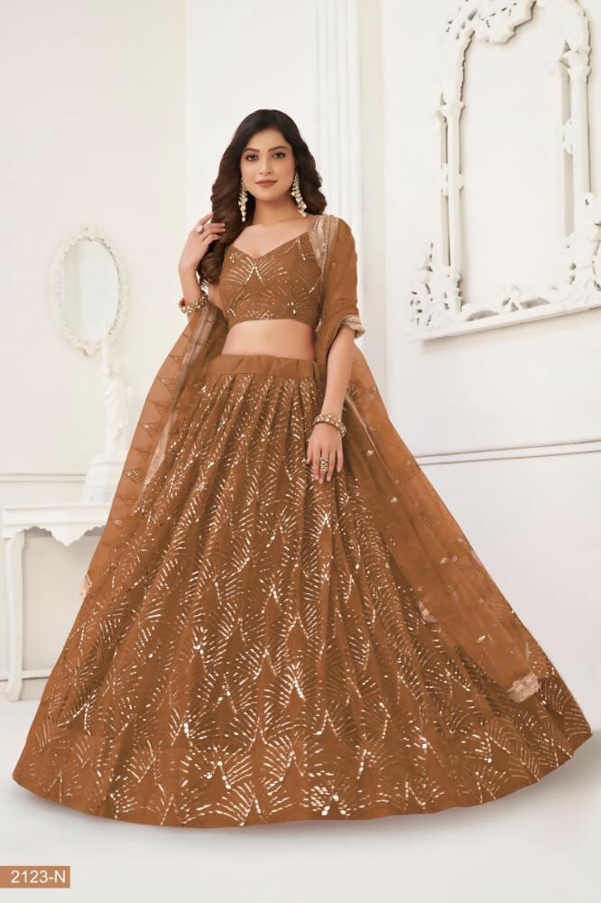 Aastha Fashion Brown Butterfly Net Tone To Tone Thread Work, Sequence Work And Original Mirror Work Embroidery Wedding Wear Lehenga Choli