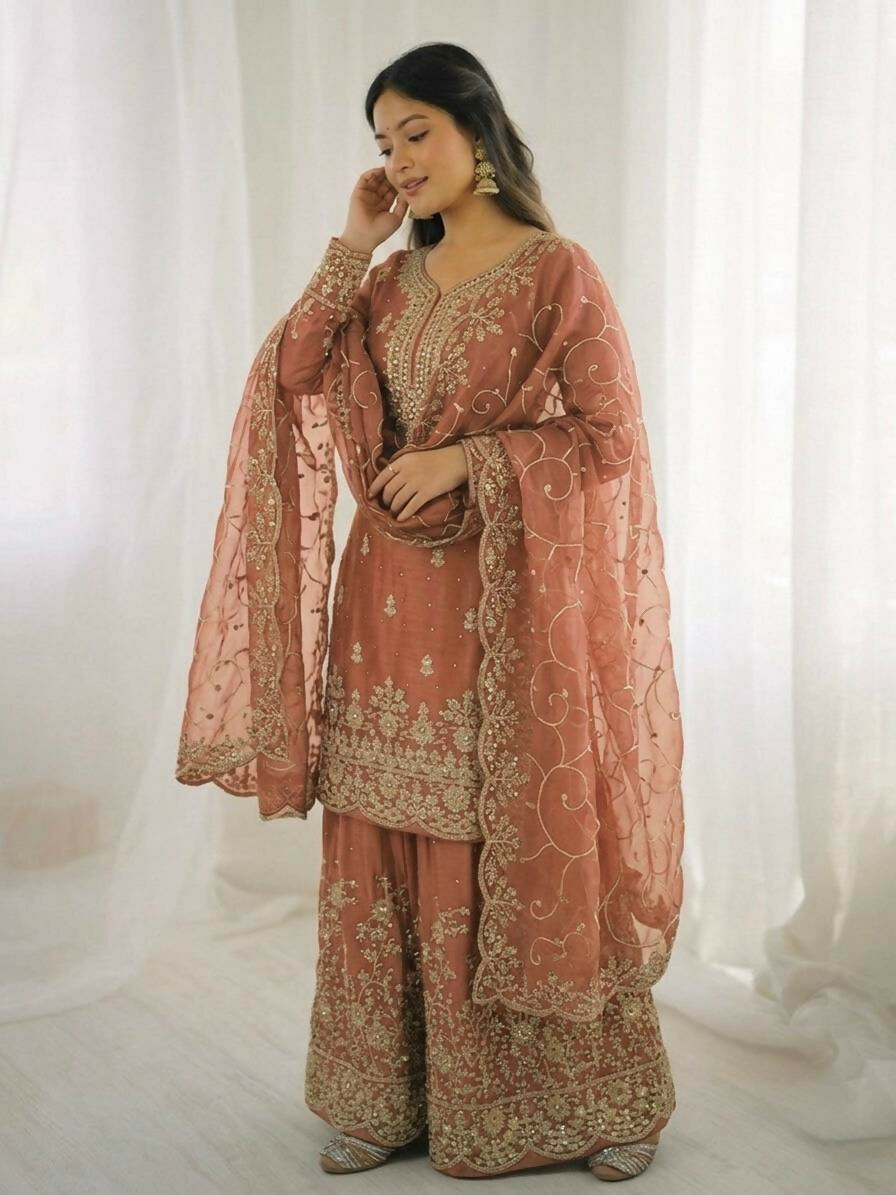 Teeya Creation Peach Color Gymmi Silk Embroidery Work Wedding Wear Sharara Set