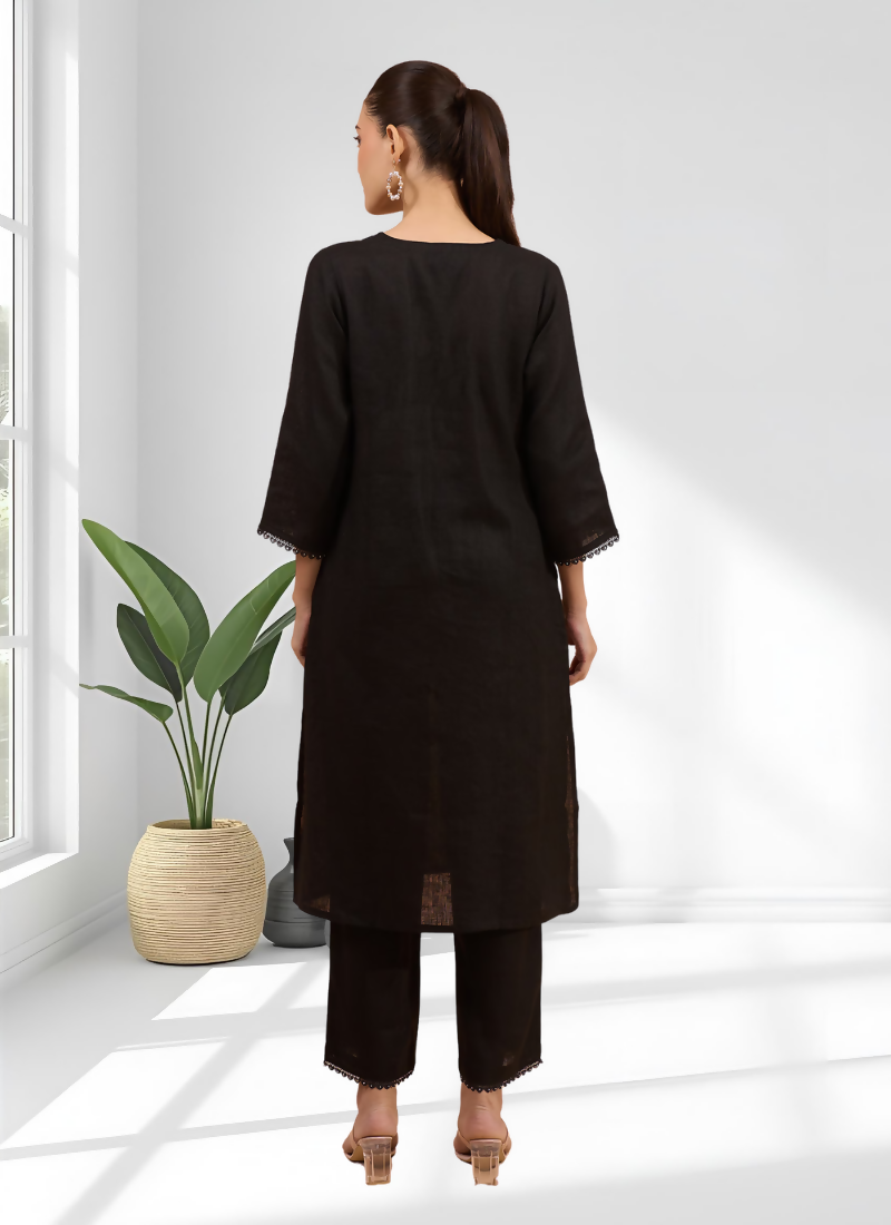 Joban Fashion Black Linen Embroidered Readymade Long Kurta With Pant
