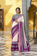 Vastranavya Off White Printed with Zari Weaving Work Poly Cotton Saree & Unstitched Blouse