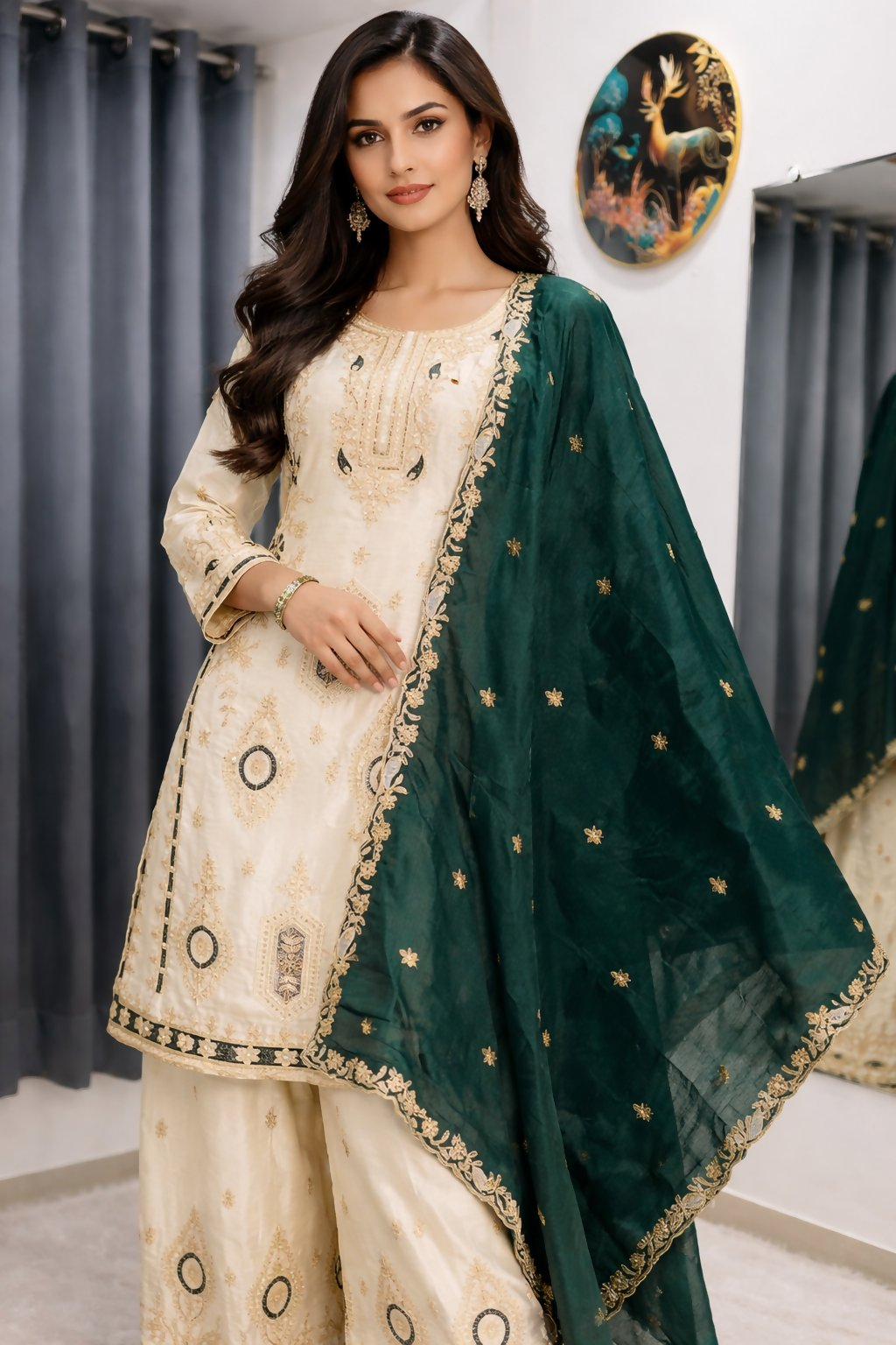 Teeya Creation Green Color Chinon Silk Party Wear Trending Palazzo Set