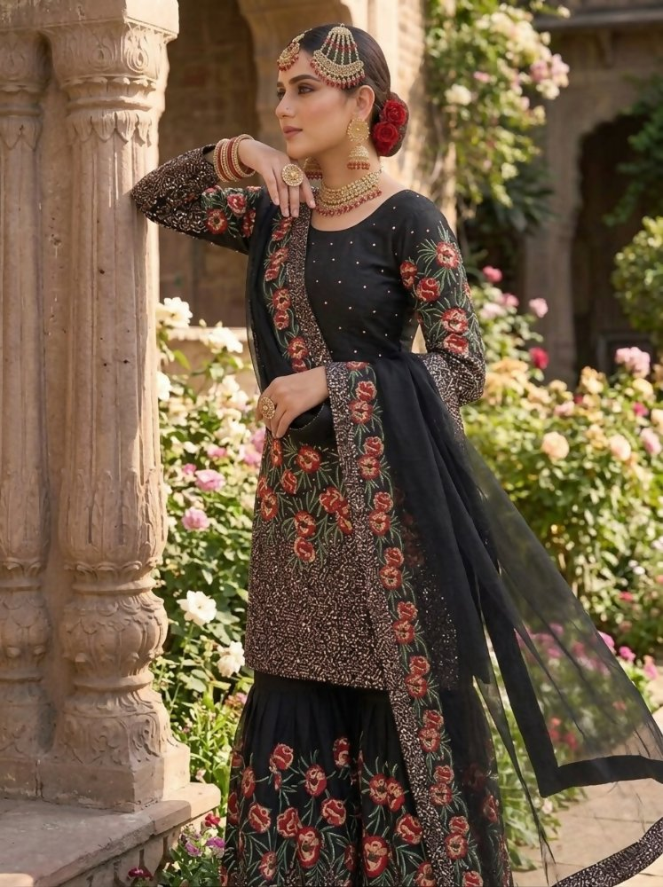 Teeya Creation Black Fendy Silk Heavy Embroidery Work Party Wear Sharara Suit