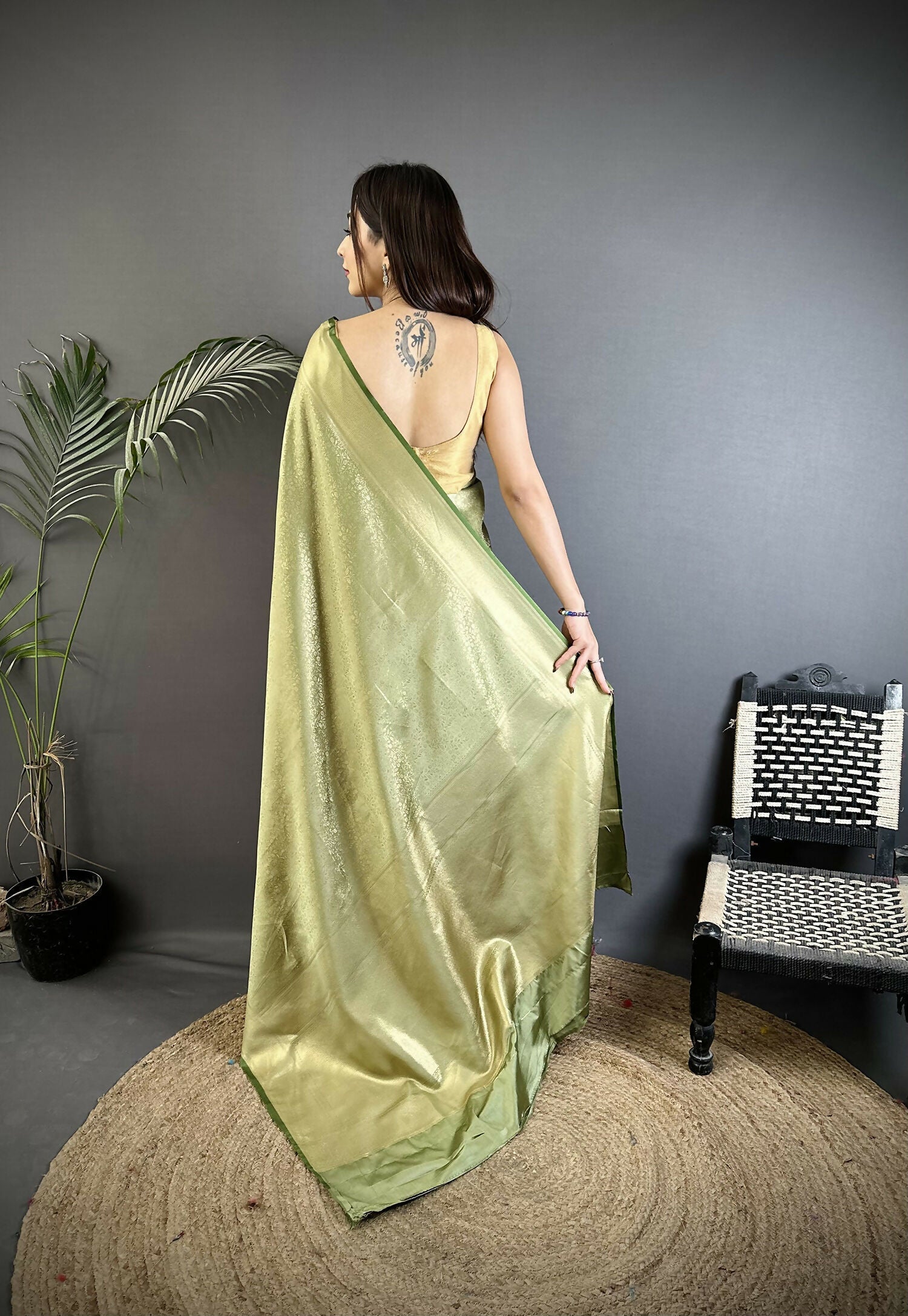 Joban Fashion Sage Green Floral Motifs & Ethnic Design Soft Satin Silk Kanchipuram Saree