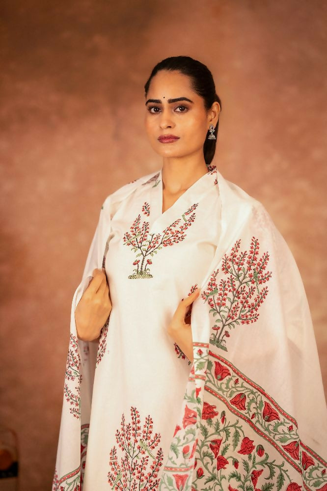 Joban Fashion Off White Pink Hand Block Printed Cotton Suit Set